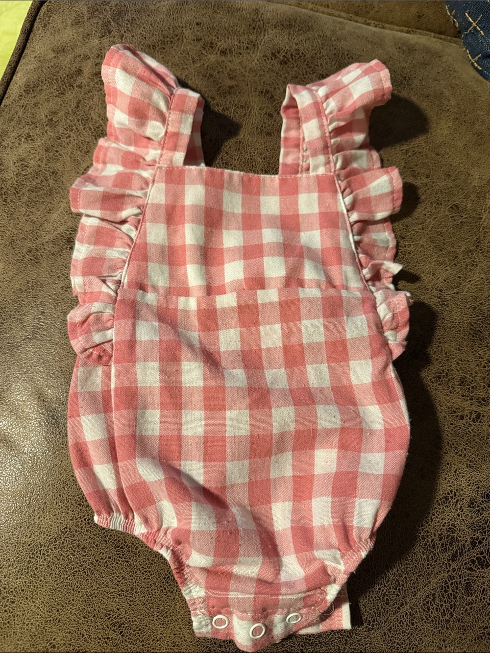 Mud Pie Pink and White Gingham Ruffle Baby Romper